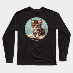 Cute cat reading book children illustration Long Sleeve T-Shirt